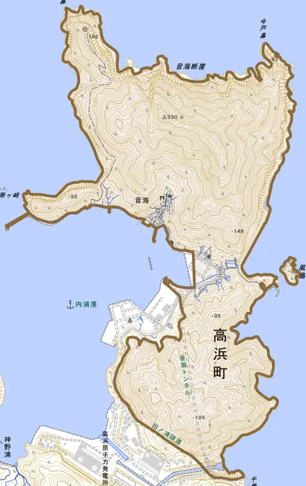音海とその周辺の地図。町の範囲を重ねている