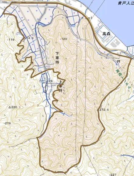 下車持とその周辺の地図。町の範囲を重ねている