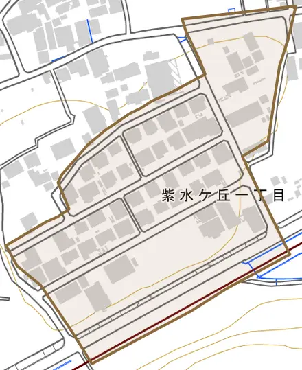 紫水ケ丘とその周辺の地図。町の範囲を重ねている