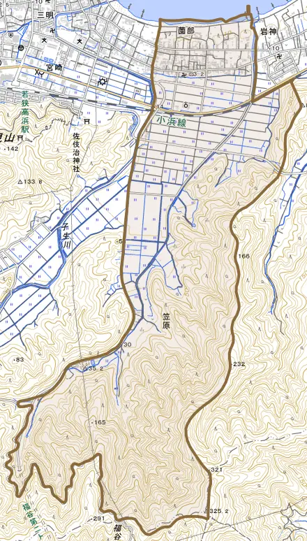 薗部とその周辺の地図。町の範囲を重ねている