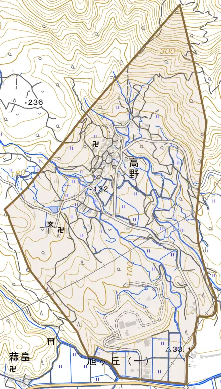 高野とその周辺の地図。町の範囲を重ねている