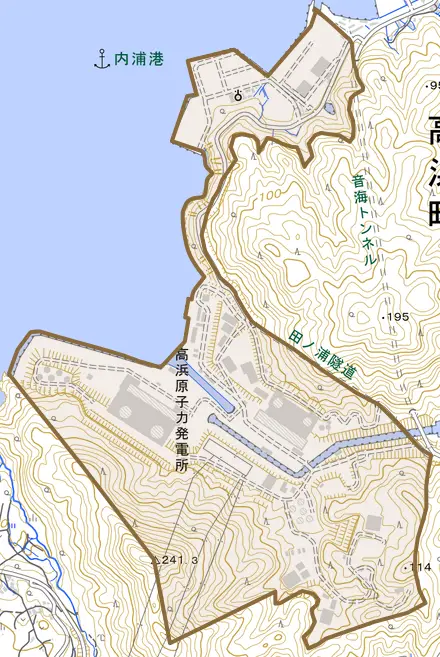 田ノ浦とその周辺の地図。町の範囲を重ねている