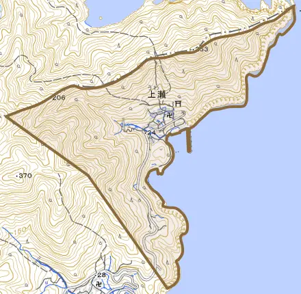 上瀬とその周辺の地図。町の範囲を重ねている