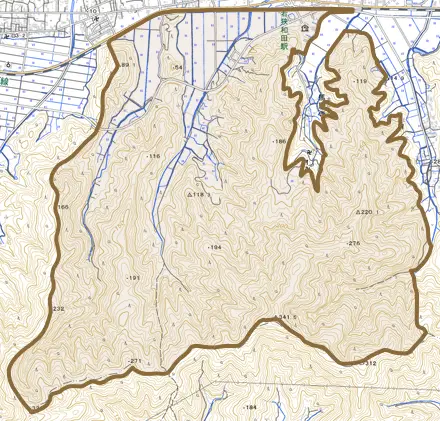和田とその周辺の地図。町の範囲を重ねている