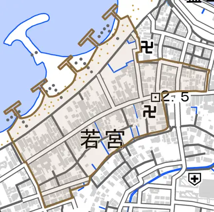若宮とその周辺の地図。町の範囲を重ねている