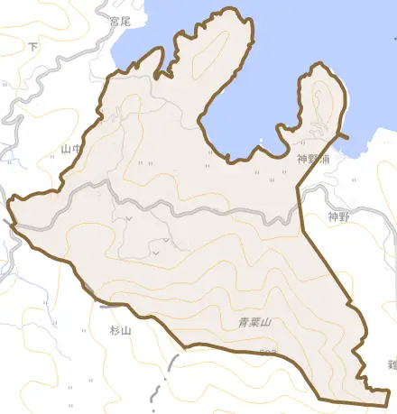 山中とその周辺の地図。町の範囲を重ねている