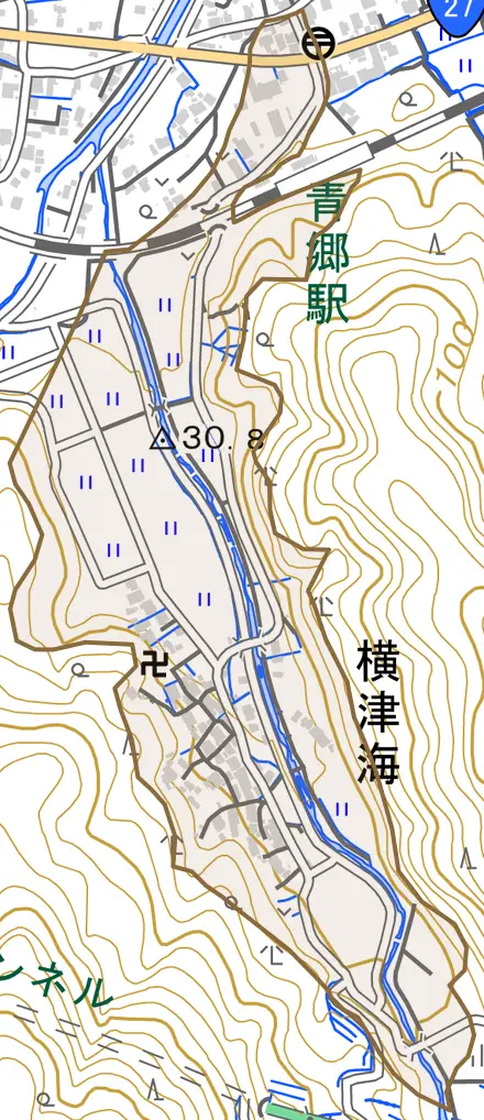 横津海とその周辺の地図。町の範囲を重ねている