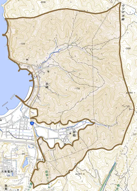 赤崎とその周辺の地図。町の範囲を重ねている