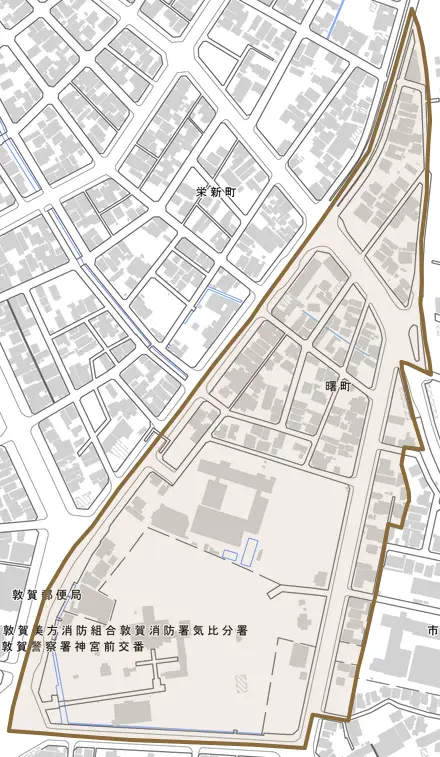 曙町とその周辺の地図。町の範囲を重ねている
