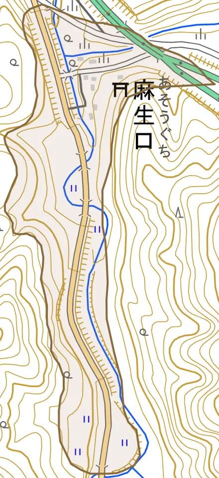麻生口とその周辺の地図。町の範囲を重ねている