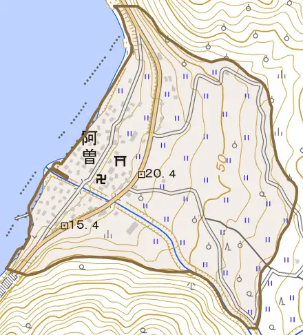 阿曽とその周辺の地図。町の範囲を重ねている