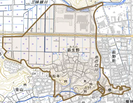 莇生野とその周辺の地図。町の範囲を重ねている