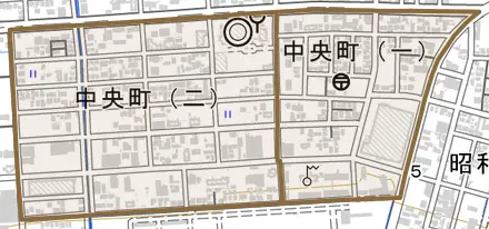 中央町とその周辺の地図。町の範囲を重ねている