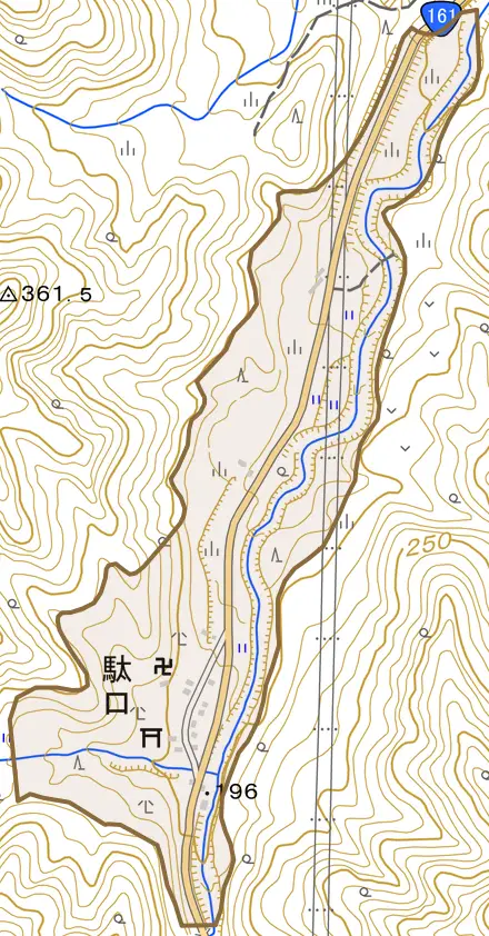 駄口とその周辺の地図。町の範囲を重ねている