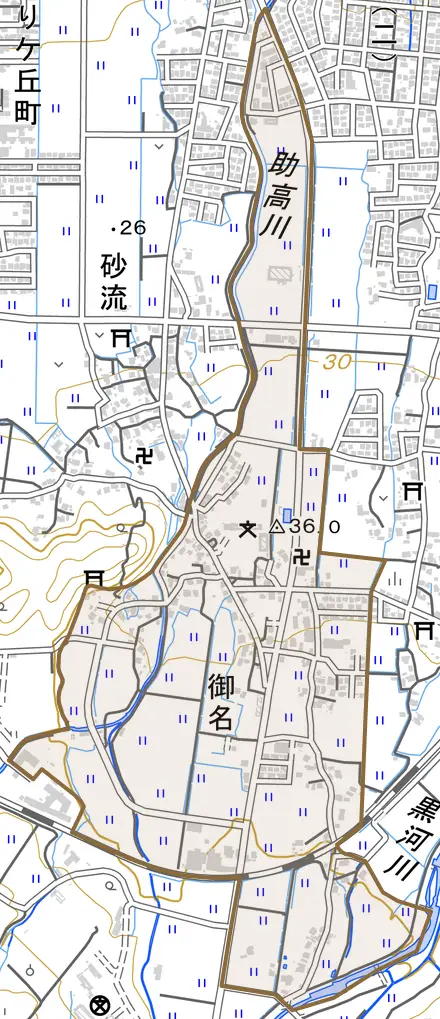 御名とその周辺の地図。町の範囲を重ねている