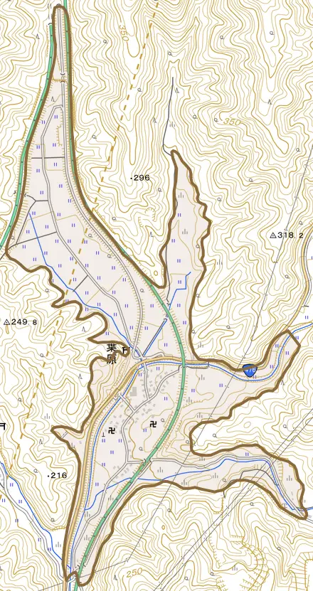 葉原とその周辺の地図。町の範囲を重ねている