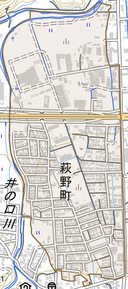 萩野町とその周辺の地図。町の範囲を重ねている