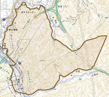 鳩原とその周辺の地図。町の範囲を重ねている