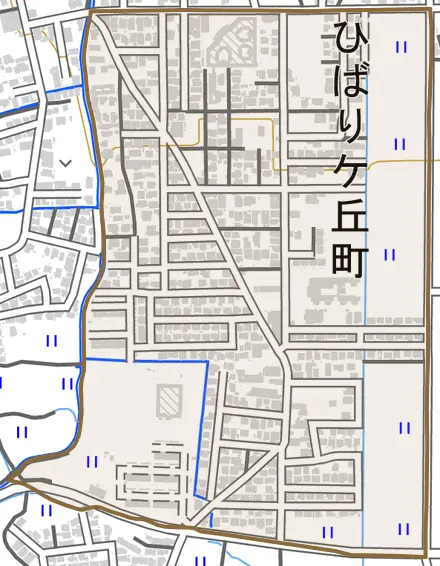 ひばりケ丘町とその周辺の地図。町の範囲を重ねている