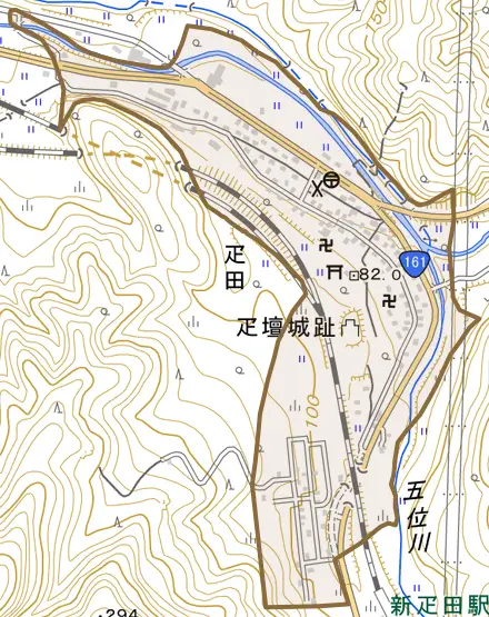 疋田とその周辺の地図。町の範囲を重ねている