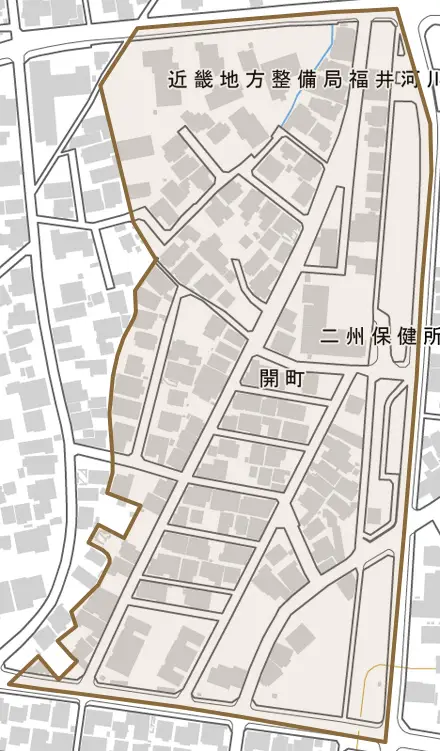 開町とその周辺の地図。町の範囲を重ねている