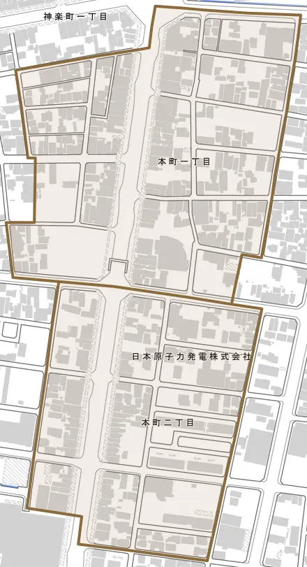 本町とその周辺の地図。町の範囲を重ねている