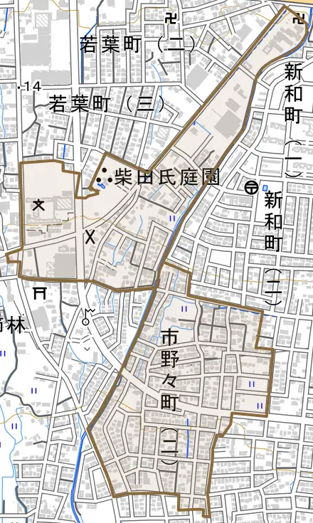 市野々町とその周辺の地図。町の範囲を重ねている