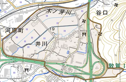 井川とその周辺の地図。町の範囲を重ねている