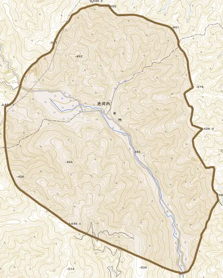 池河内とその周辺の地図。町の範囲を重ねている
