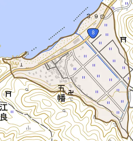 五幡とその周辺の地図。町の範囲を重ねている