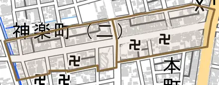 神楽町とその周辺の地図。町の範囲を重ねている