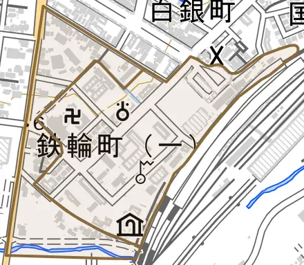 鉄輪町とその周辺の地図。町の範囲を重ねている
