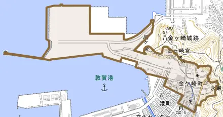 金ケ崎町とその周辺の地図。町の範囲を重ねている