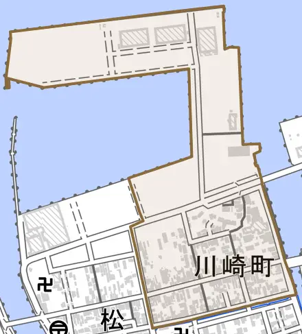 川崎町とその周辺の地図。町の範囲を重ねている