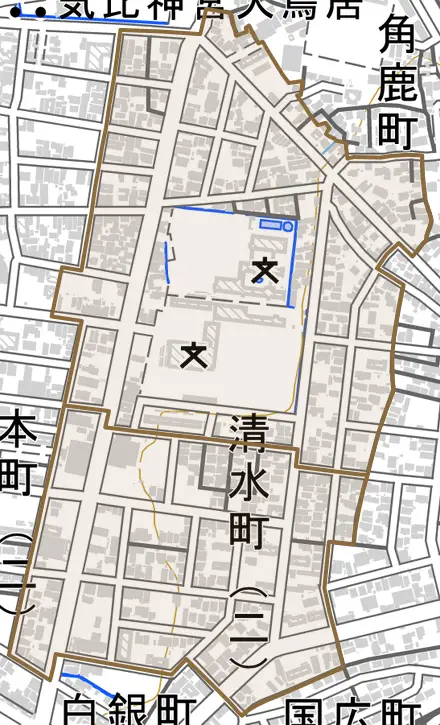 清水町とその周辺の地図。町の範囲を重ねている