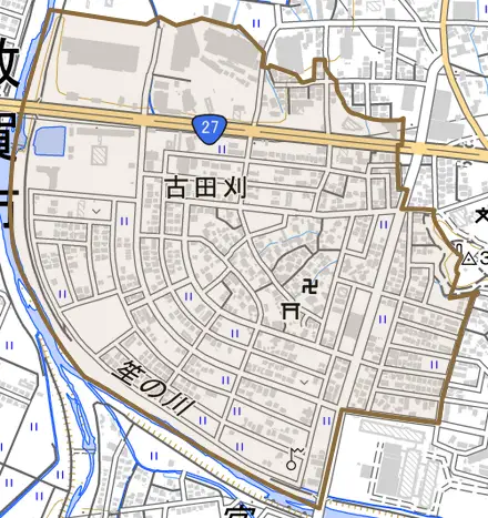 古田刈とその周辺の地図。町の範囲を重ねている