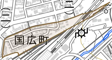 国広町とその周辺の地図。町の範囲を重ねている