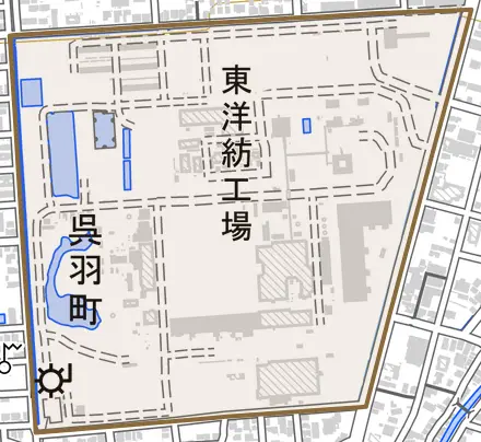 呉羽町とその周辺の地図。町の範囲を重ねている