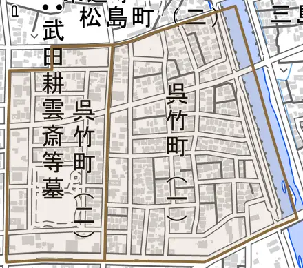 呉竹町とその周辺の地図。町の範囲を重ねている