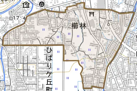櫛林とその周辺の地図。町の範囲を重ねている