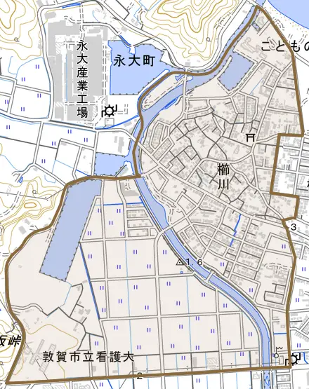 櫛川とその周辺の地図。町の範囲を重ねている