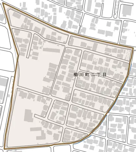 櫛川町とその周辺の地図。町の範囲を重ねている