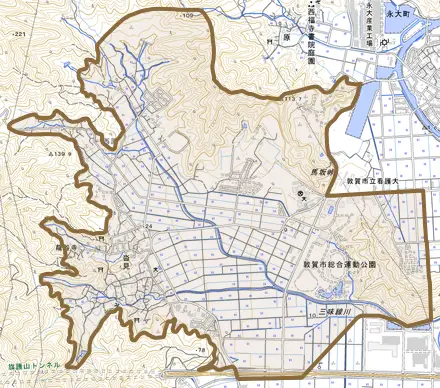 沓見とその周辺の地図。町の範囲を重ねている