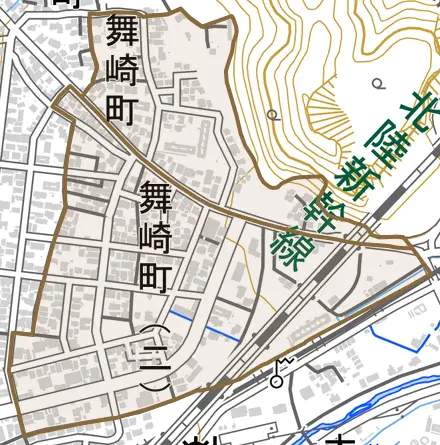 舞崎町とその周辺の地図。町の範囲を重ねている