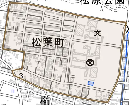 松葉町とその周辺の地図。町の範囲を重ねている