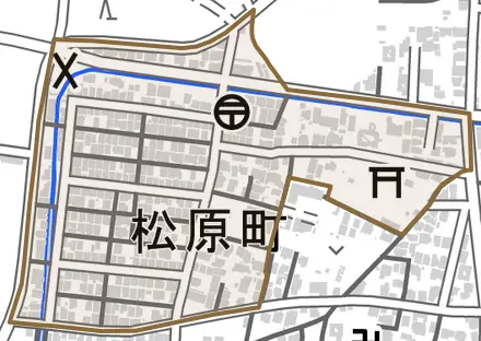 松原町とその周辺の地図。町の範囲を重ねている