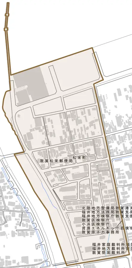 松栄町とその周辺の地図。町の範囲を重ねている