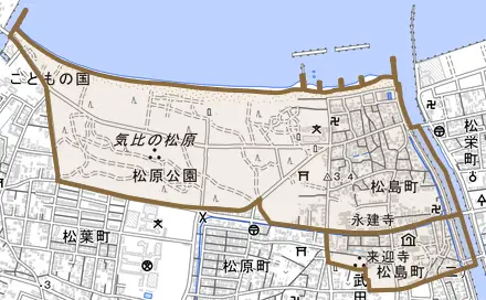 松島町とその周辺の地図。町の範囲を重ねている