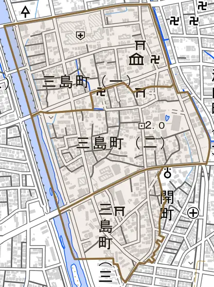 三島町とその周辺の地図。町の範囲を重ねている