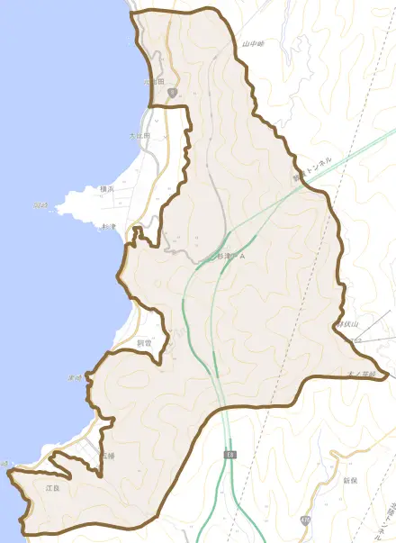 元比田とその周辺の地図。町の範囲を重ねている